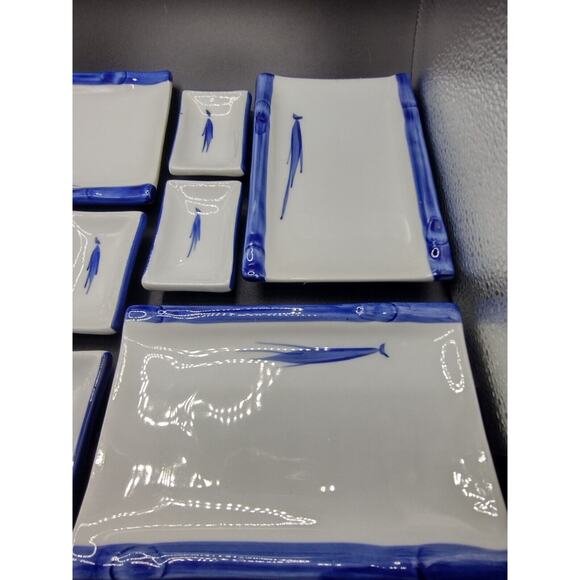 Japanese Traditional Porcelain Bamboo Plate Set Service of 4 ~ Blue & White - Picture 4 of 12